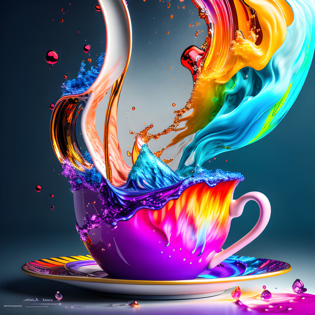 Colorful liquid splash in teacup on saucer against dark backdrop