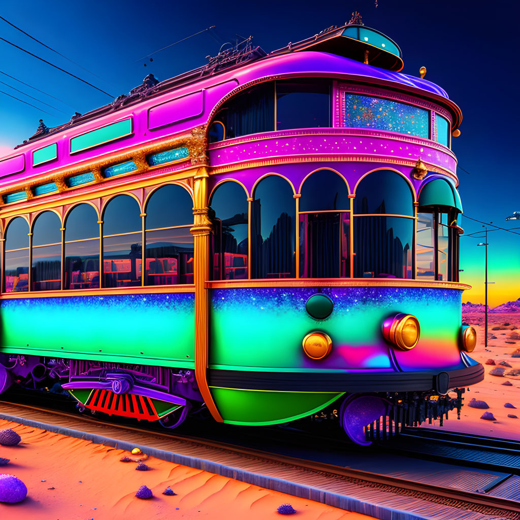 Colorful Double-Decker Tram in Futuristic Design Crossing Desert Landscape at Dusk