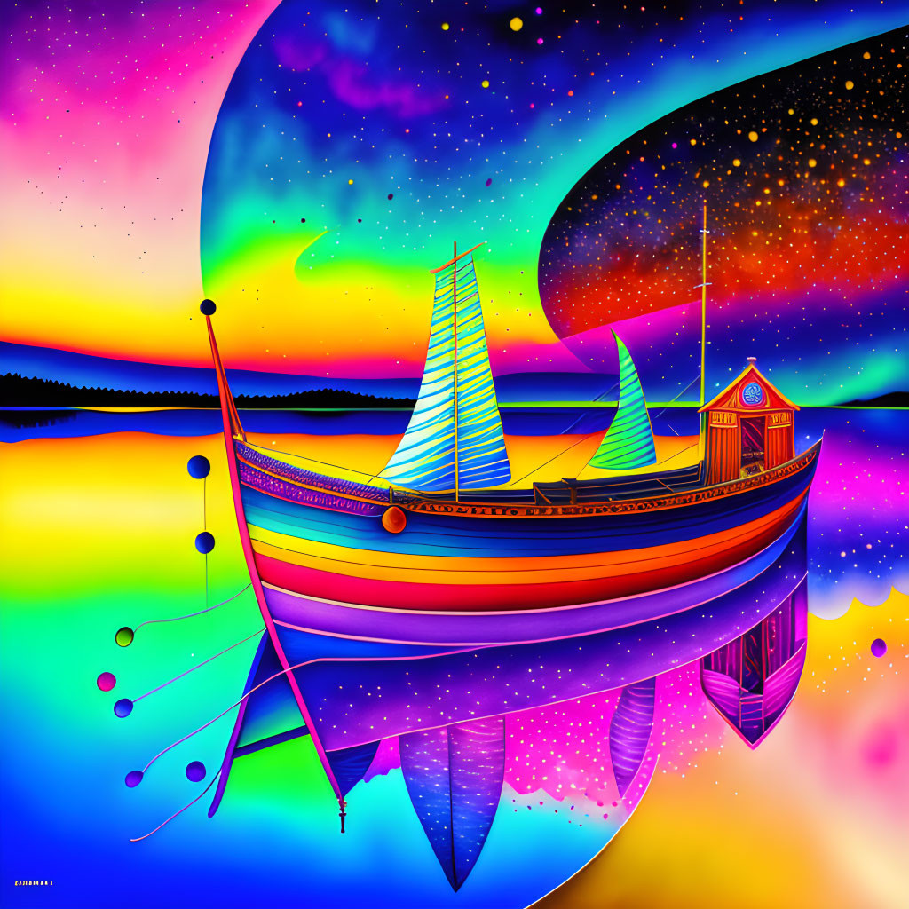 Colorful sailing boat on ocean with cosmic sunset background