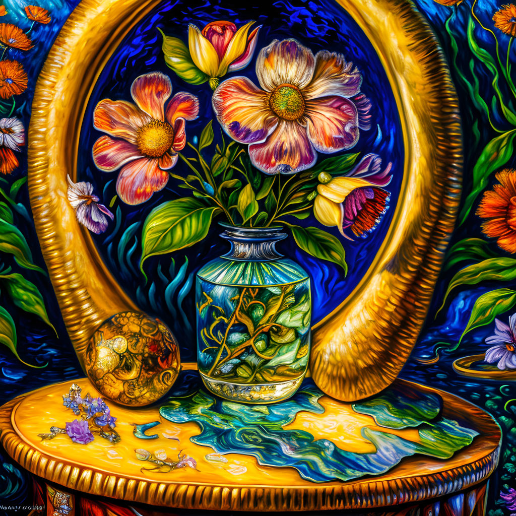 Colorful flowers in vase with mirror on table, vibrant blues, oranges, golds.