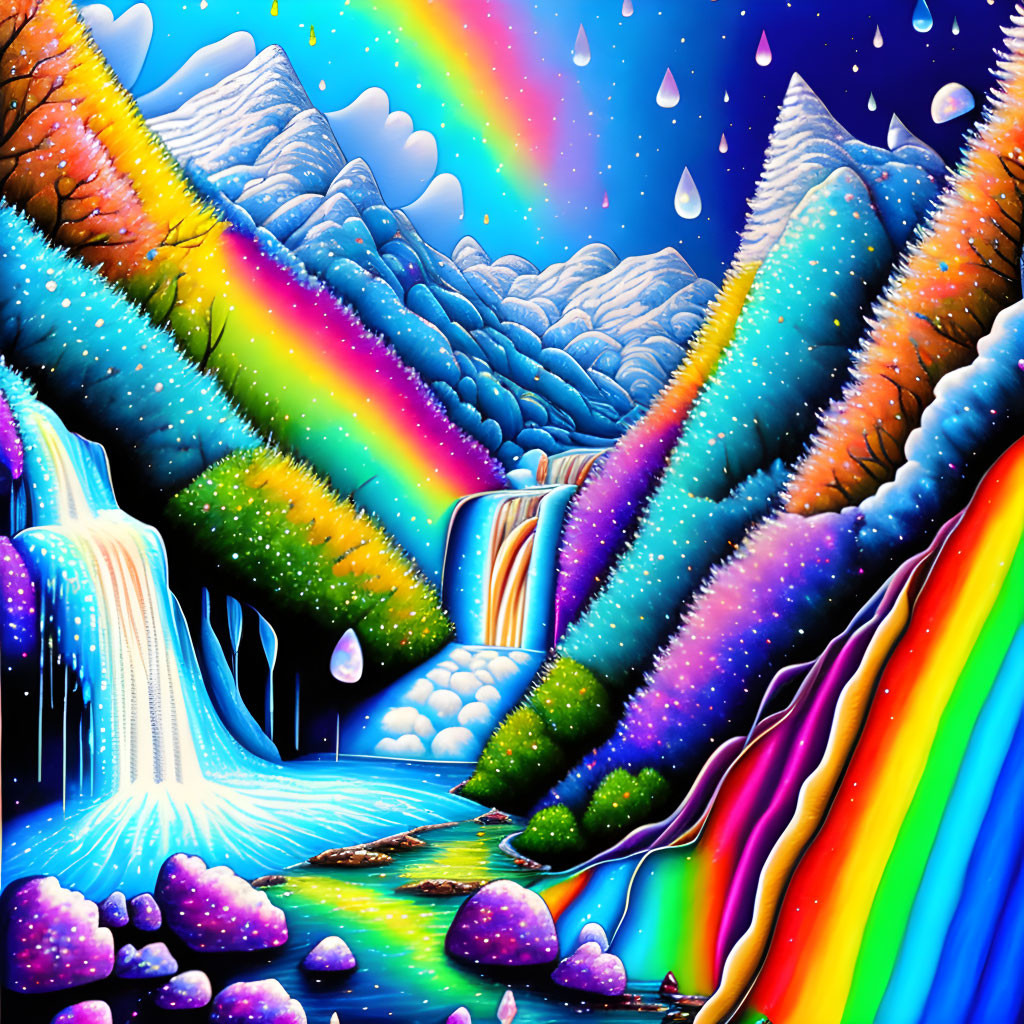 Colorful fantasy landscape with rainbow waterfalls and starlit sky