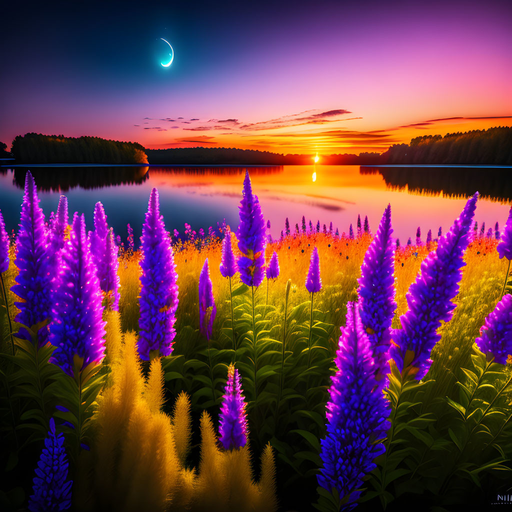 Tranquil lake scene with purple lupine flowers, sunset, and crescent moon