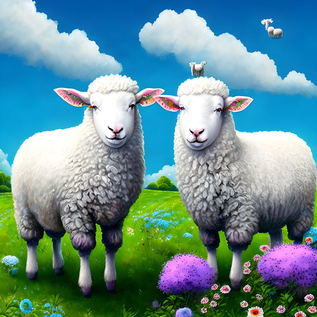 Cartoon sheep in colorful meadow under blue sky