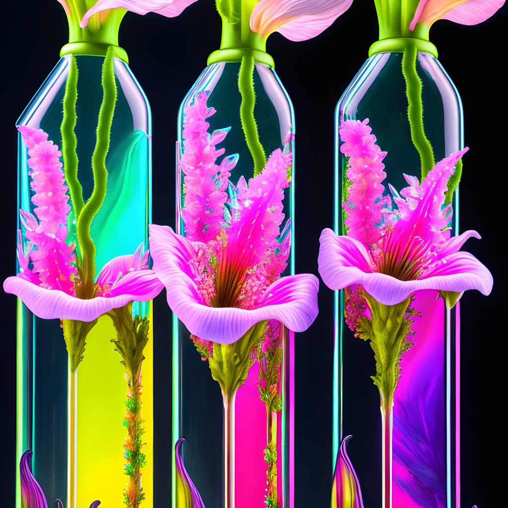 Neon-colored foliage and flowers in vibrant glass bottles