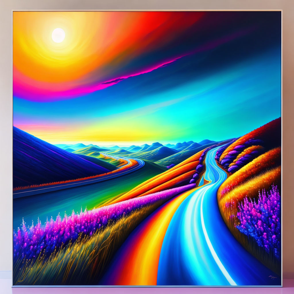 Colorful Landscape Painting: Winding Road, Rolling Hills, Bright Sun