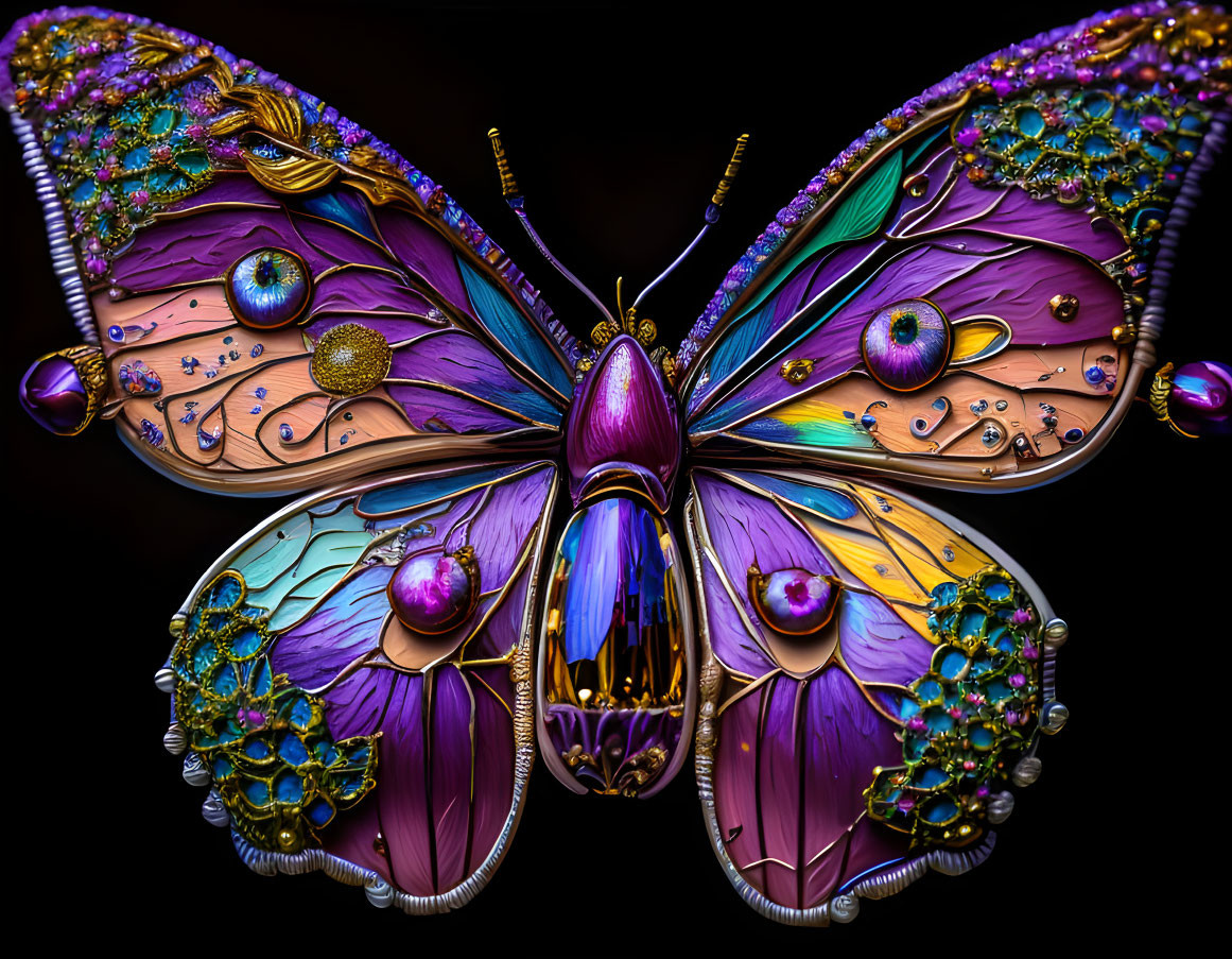 Butterfly art: Intricate purple patterns with jewels on black background