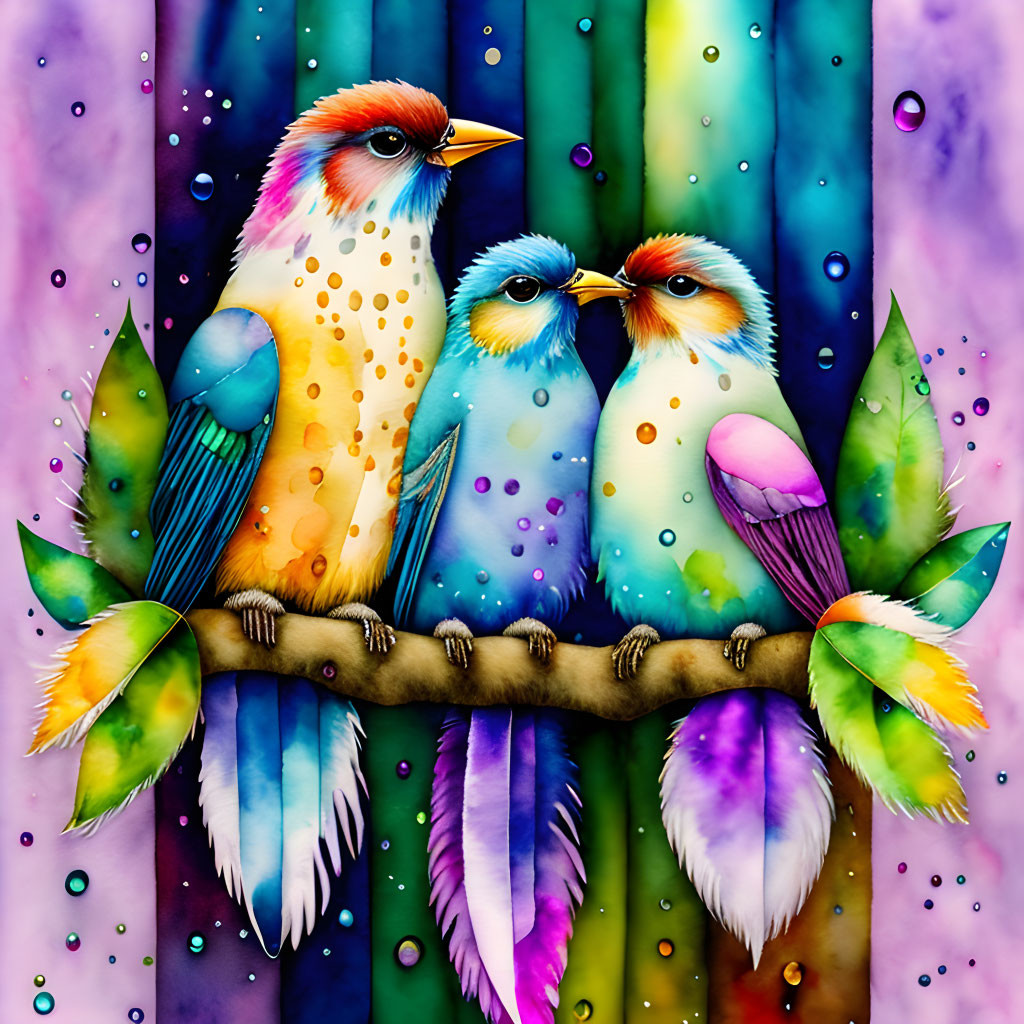 Colorful Birds Perched on Branch with Watercolor Textures