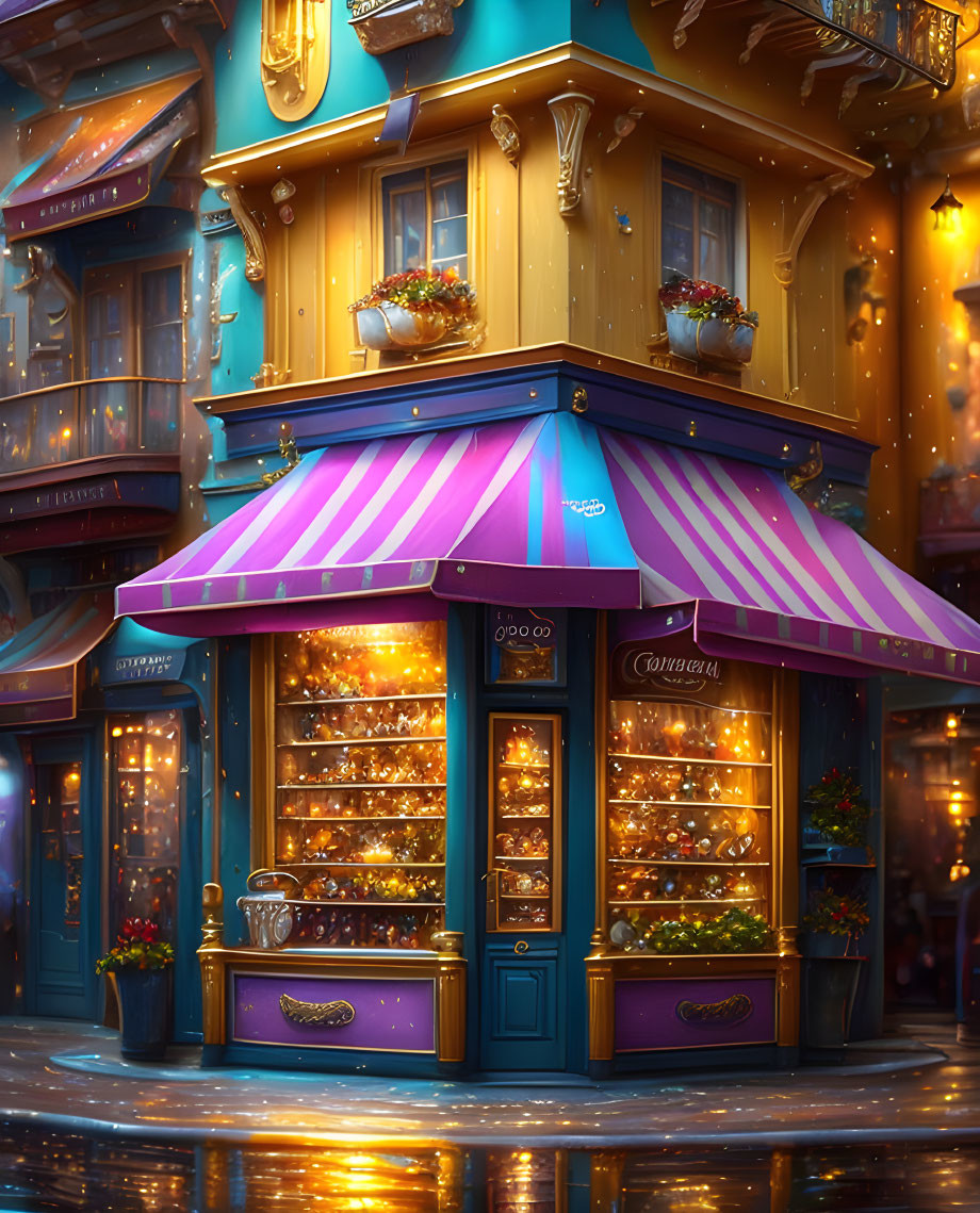 Illustration of Cozy Storefront at Twilight with Festive Decorations