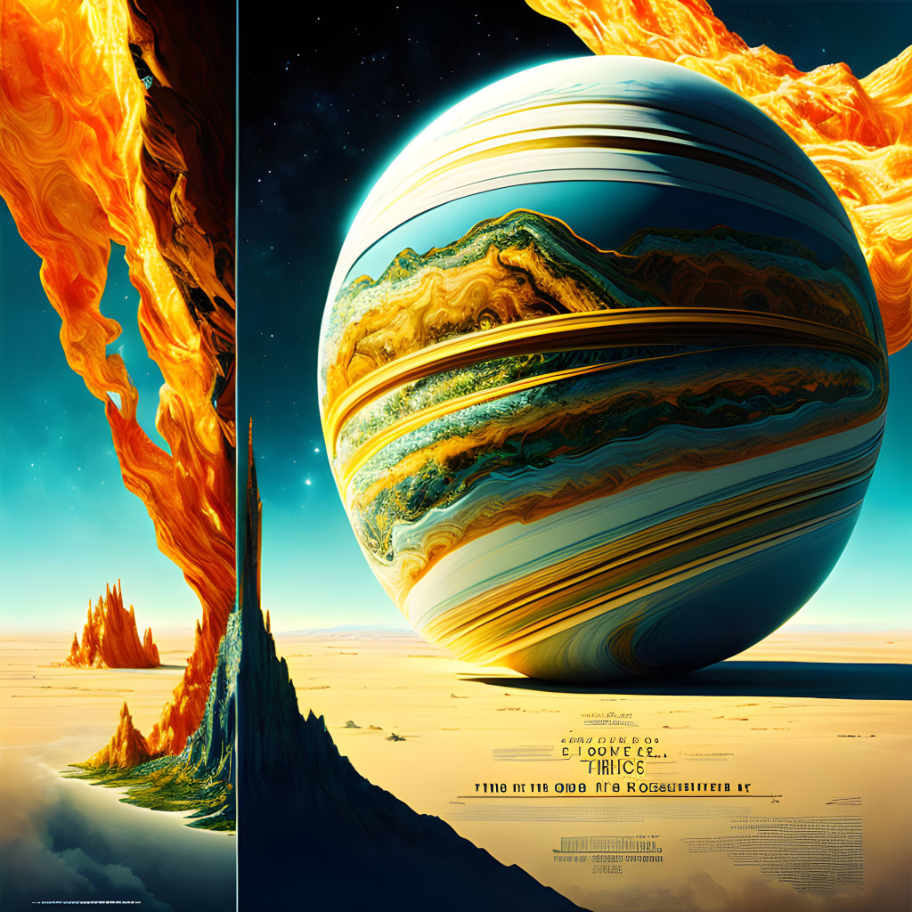 Stylized poster: Grand gas giant planet with swirling clouds, fiery structures, and rocky terrains