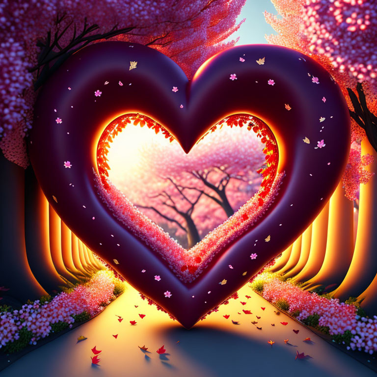 Heart-shaped tunnel with pink trees and falling petals in warm sunset glow