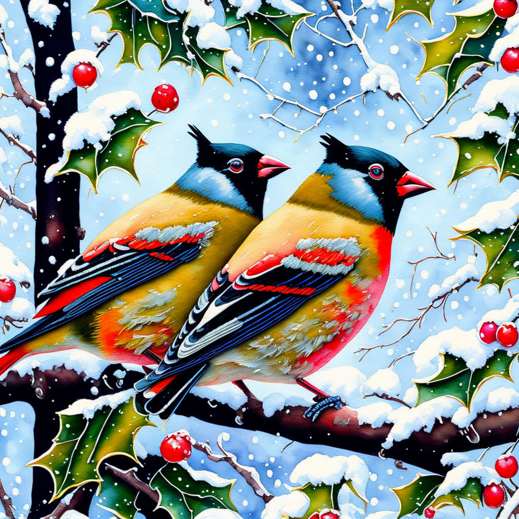 Colorful birds on snow-covered branches with red berries and falling snowflakes in blue sky