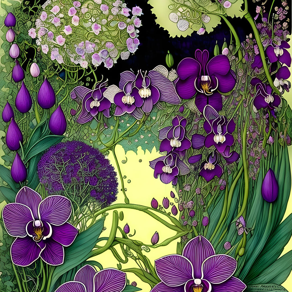 Colorful botanical illustration of purple flowers on yellow background