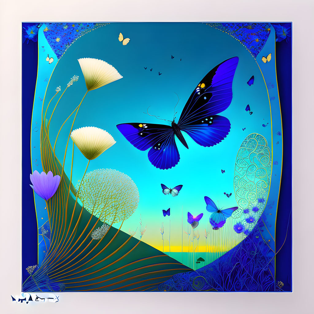 Colorful digital artwork: stylized butterflies, flowers, blue palette, decorative borders, subtle patterns