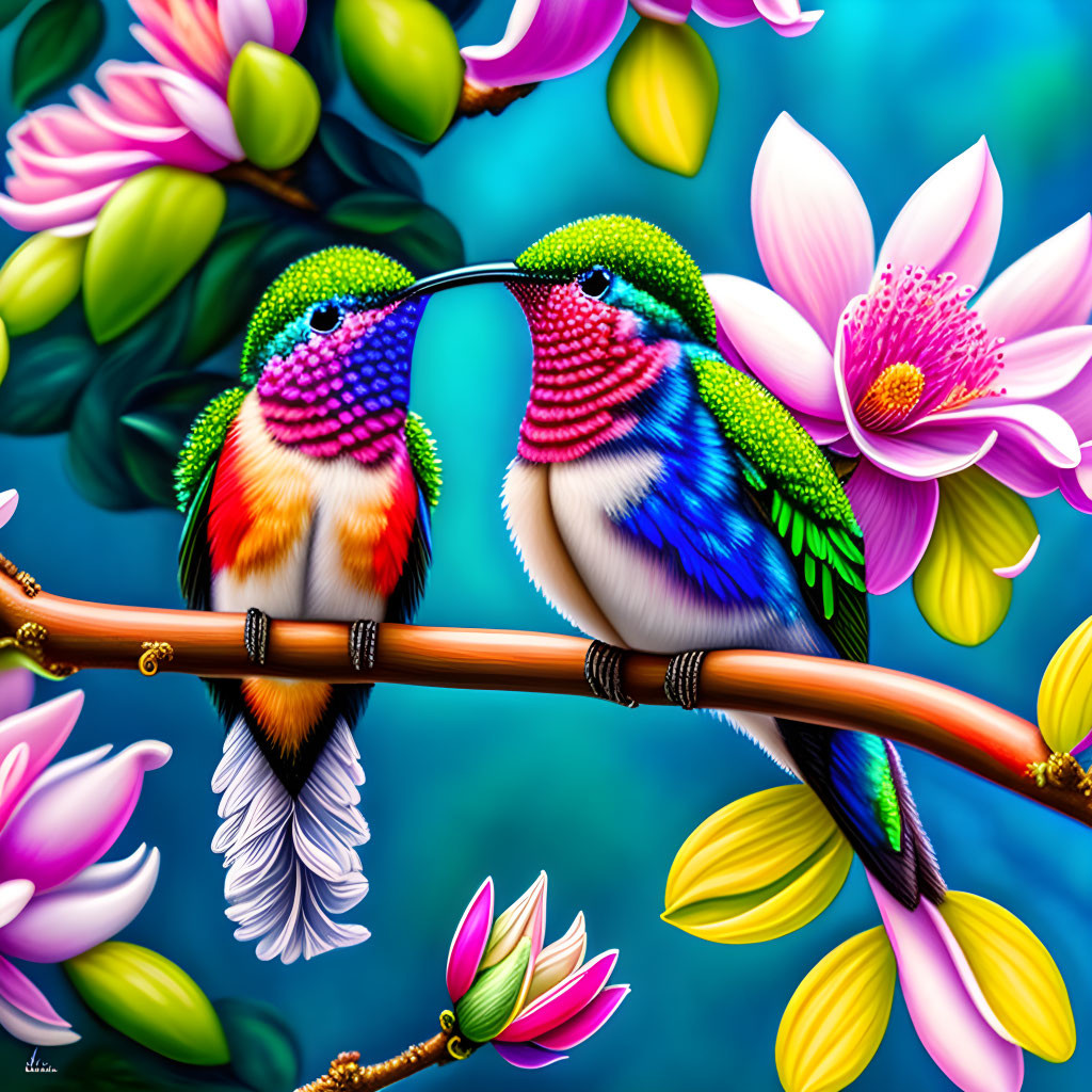 Vibrant hummingbirds on branch amid colorful flowers and blue background