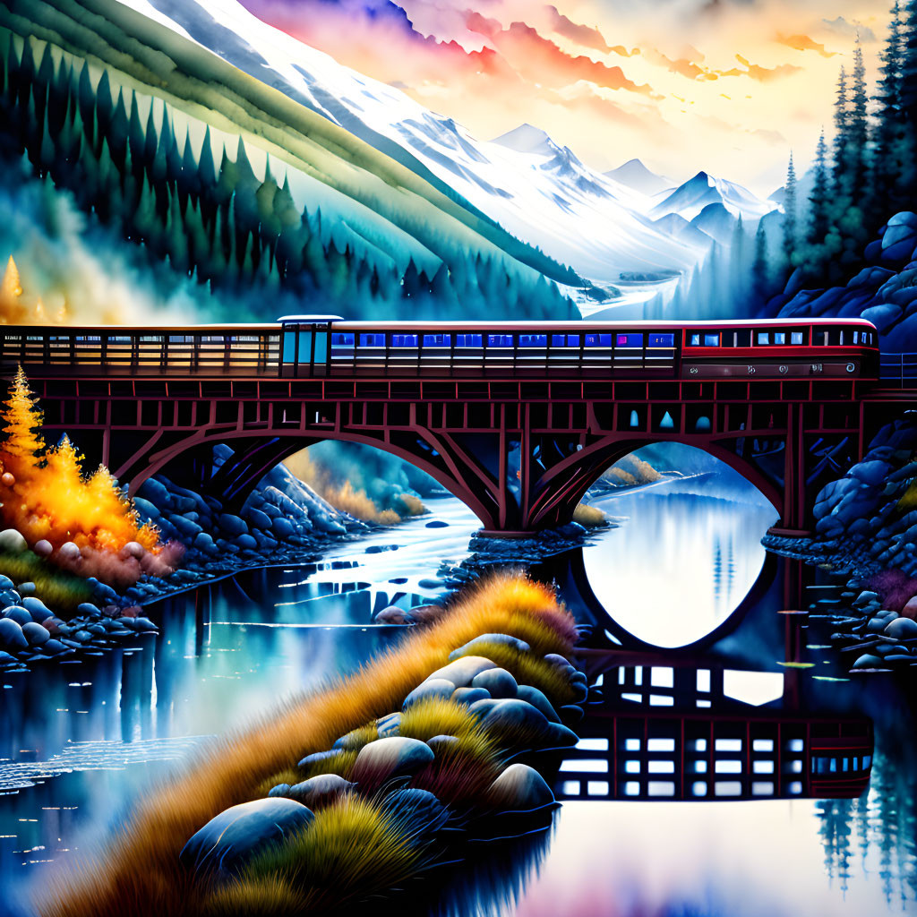 Illustration: Train crossing bridge over river with colorful forest and mountain backdrop at sunset