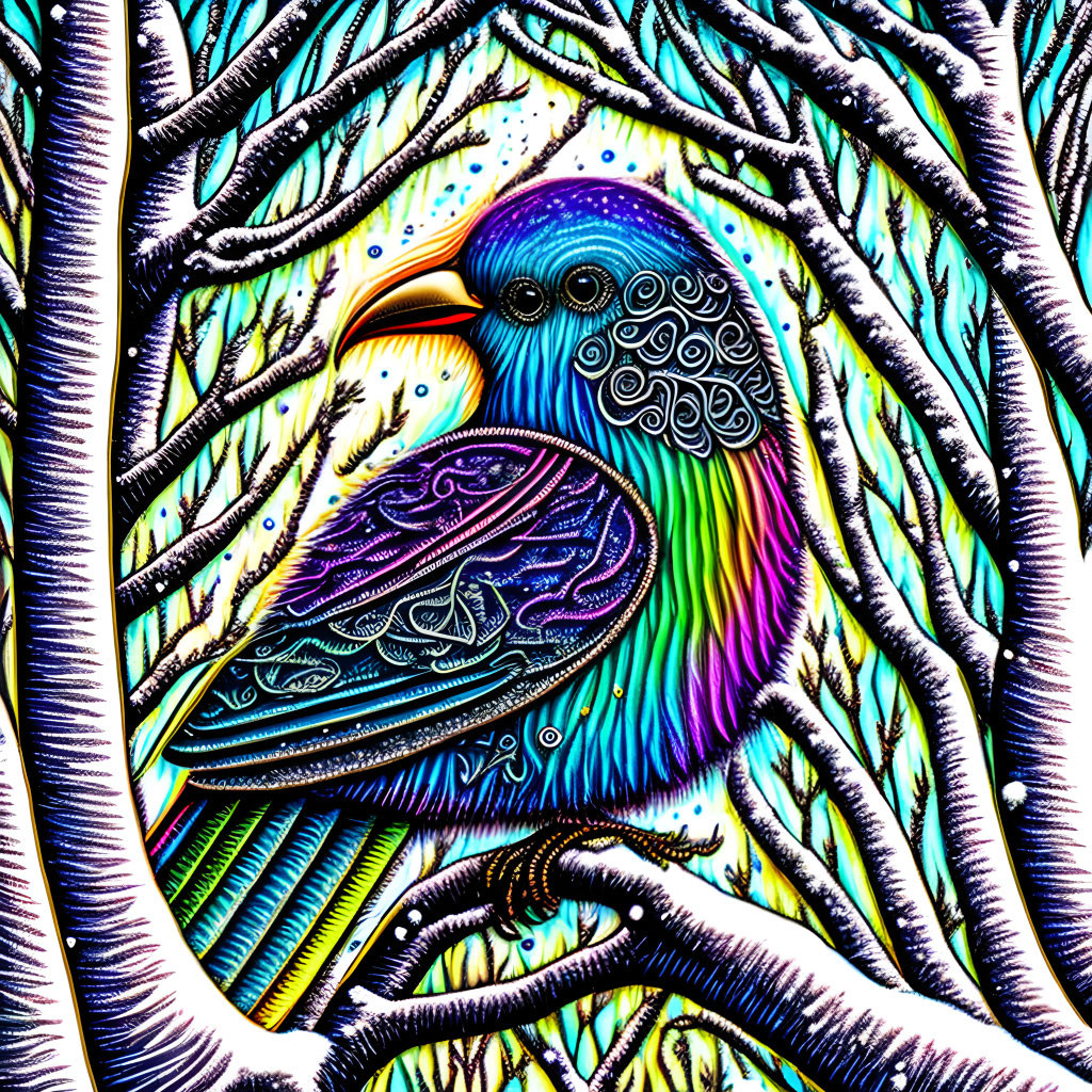 Colorful bird illustration on detailed branches