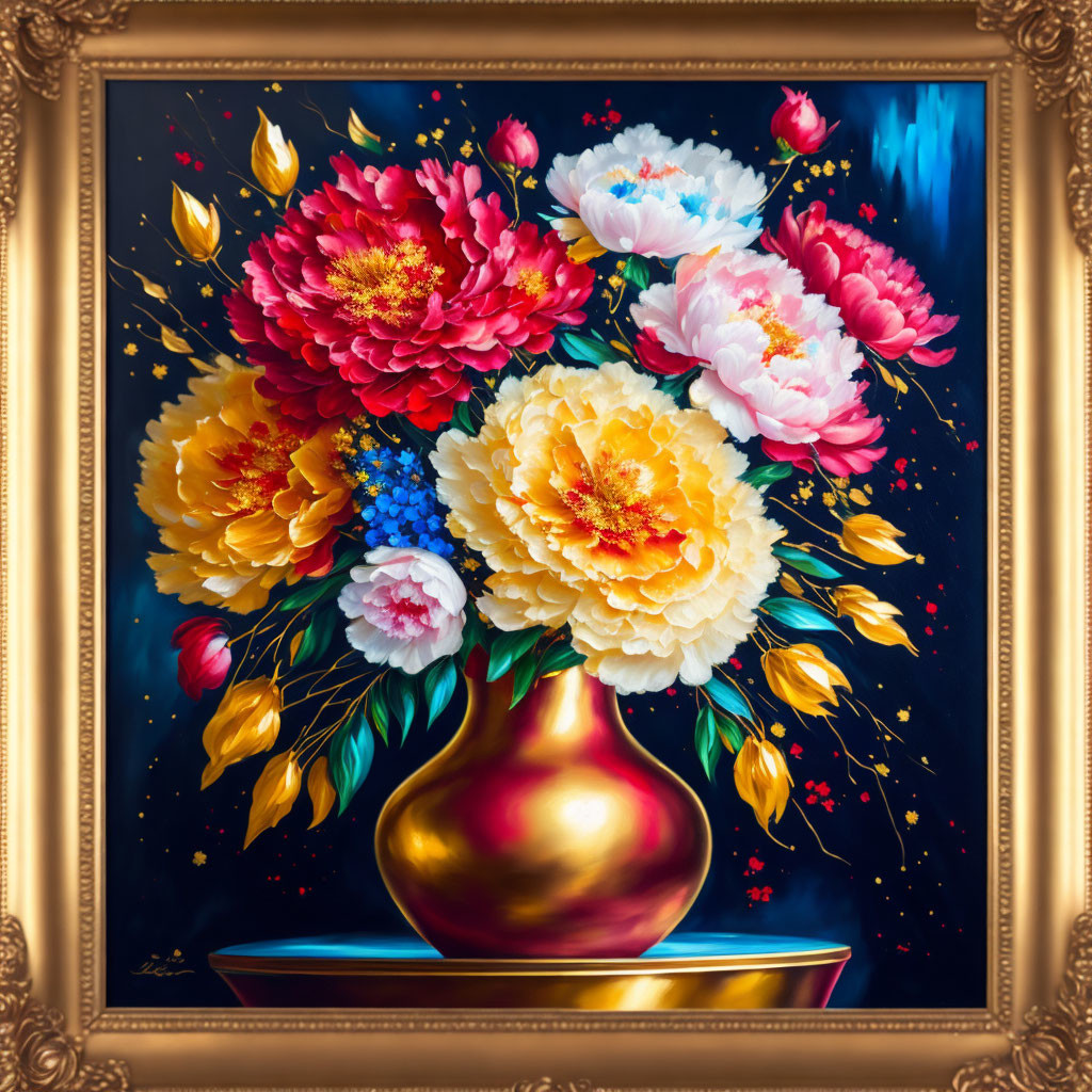 Colorful Flowers in Golden Vase Painting with Dynamic Strokes