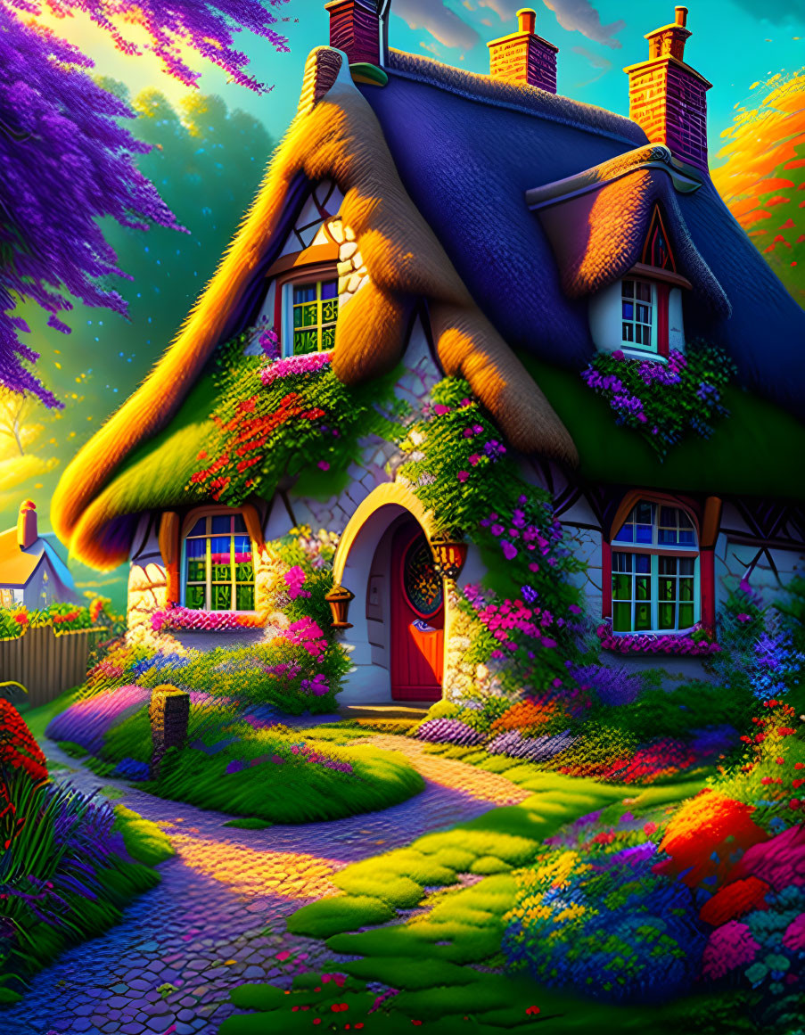 Thatched Roof Cottage Surrounded by Colorful Flowers