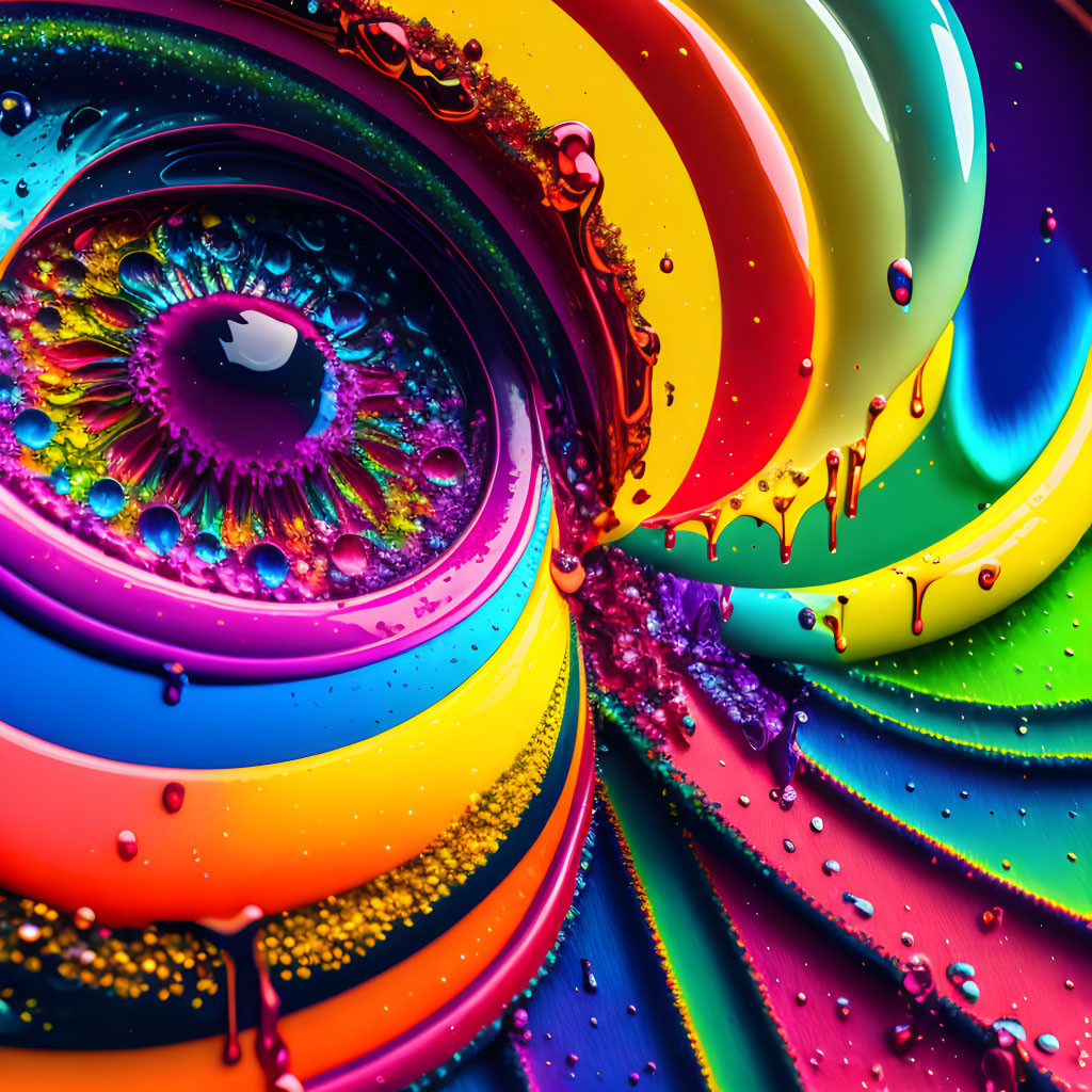 Colorful Close-Up Artistic Swirl with Rainbow Hues and Water Droplets