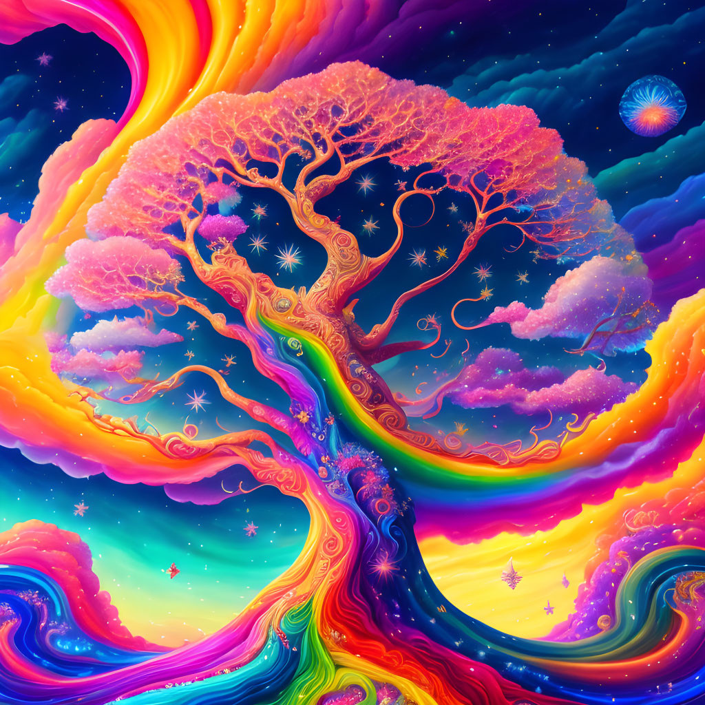 Colorful psychedelic tree with rainbow trunk and cosmic backdrop