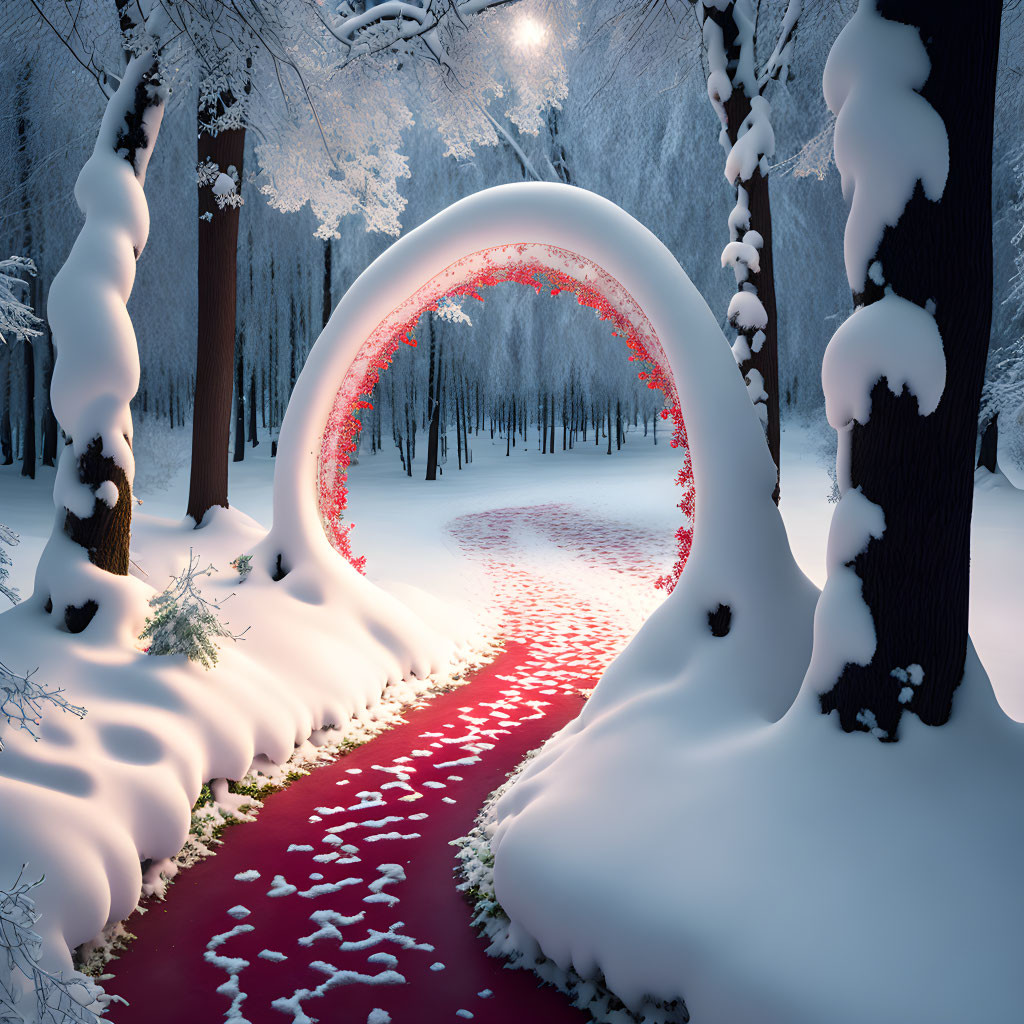 Snowy Landscape with Red Illuminated Path and Arch in Twilight Sky