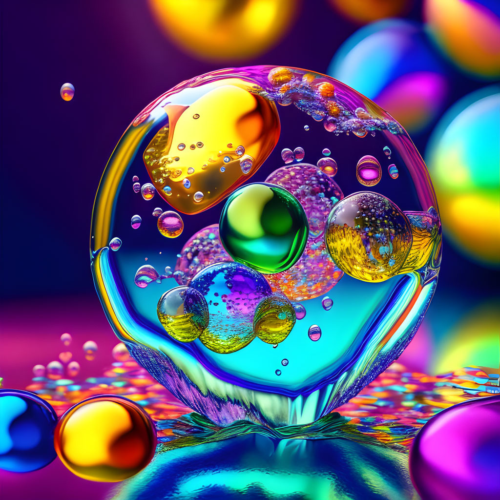 Colorful digital artwork: Large translucent bubble with smaller bubbles on rainbow background