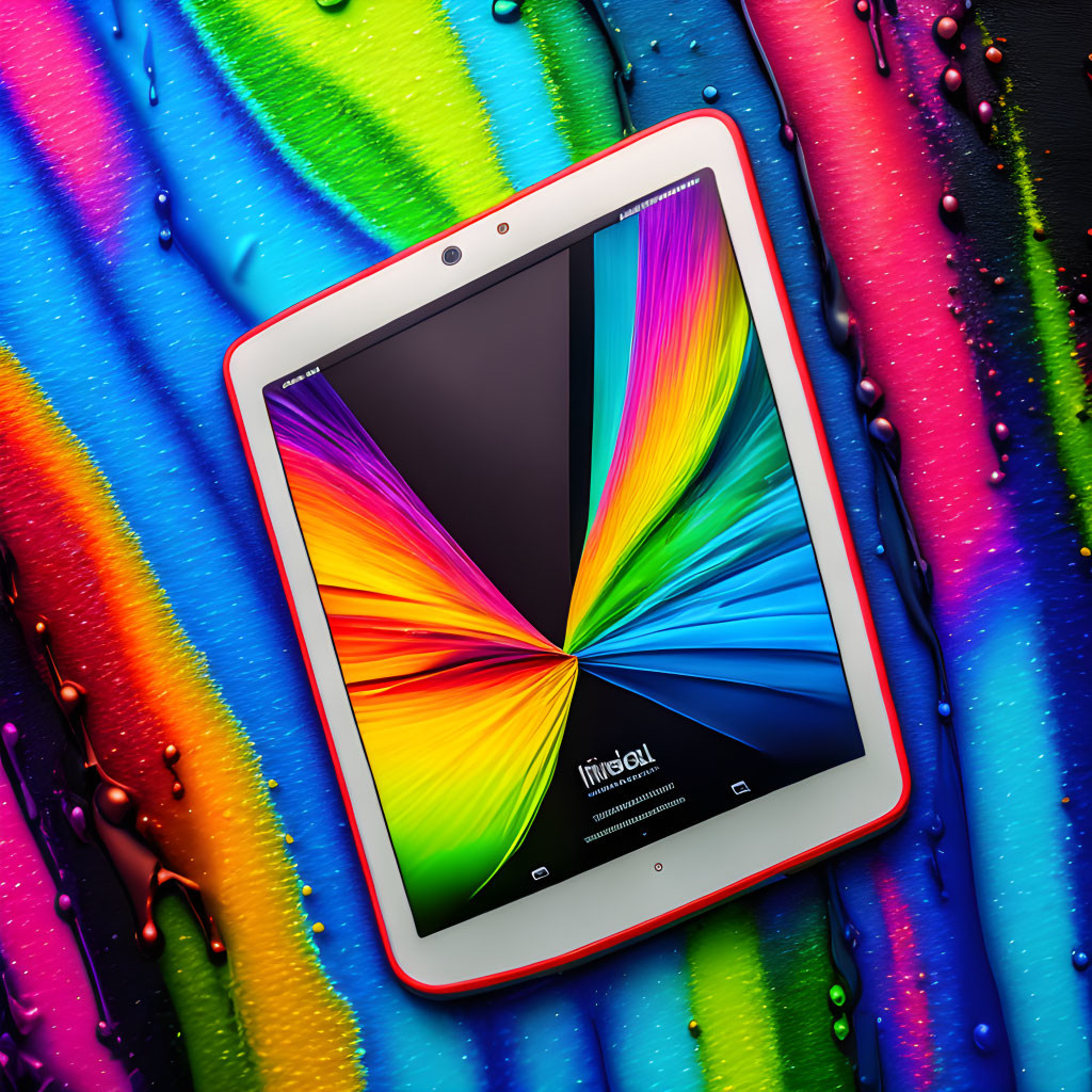 Colorful Tablet with Vibrant Wallpaper on Multicolored Wet Surface