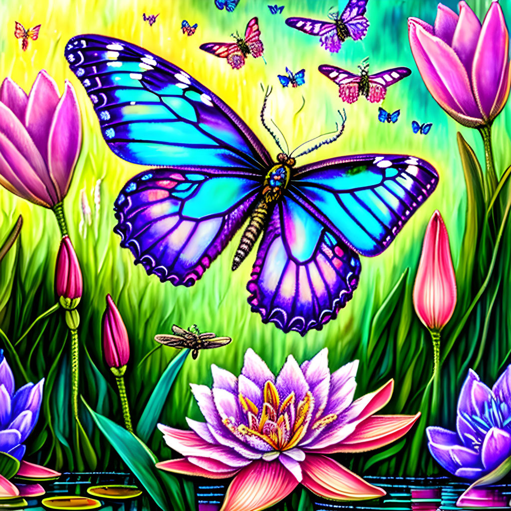 Colorful butterfly and dragonfly with lotus flowers in vibrant illustration