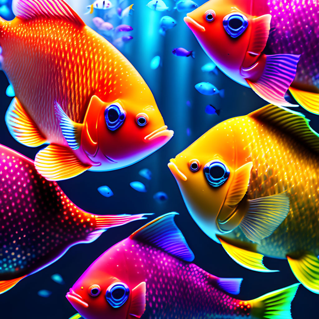 Colorful oversized fish in vibrant digital artwork swimming among tiny neon fish against dark blue oceanic backdrop