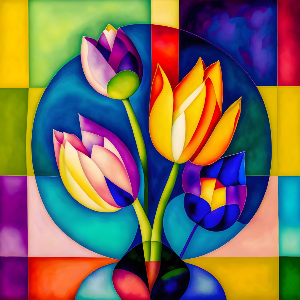 Vibrant abstract tulip mosaic in blues, yellows, purples, and reds