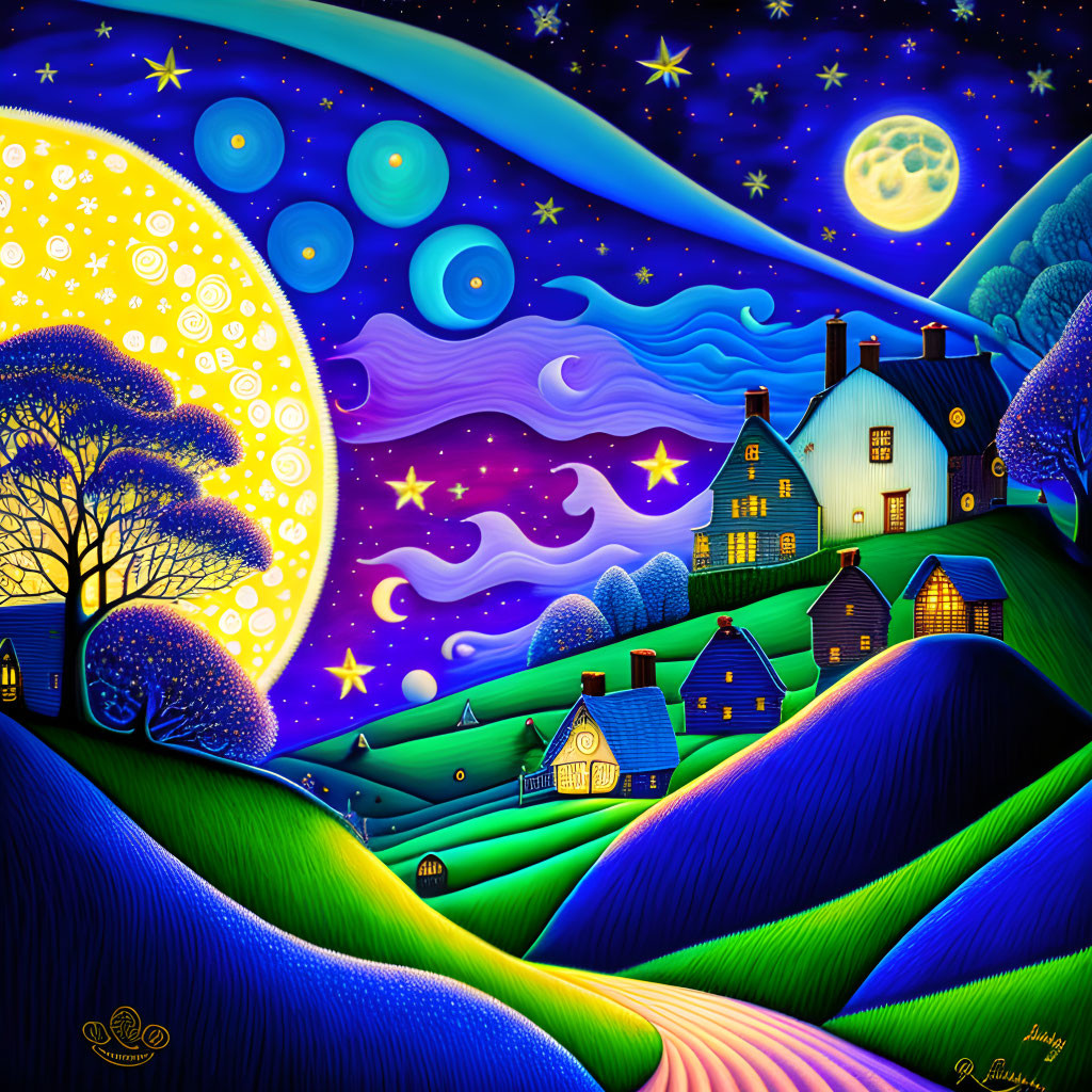 Colorful painting of rolling hills, houses, moon, and night sky