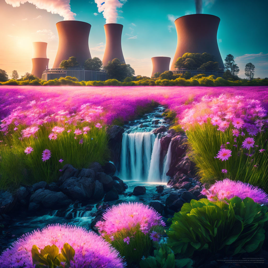 Colorful landscape with waterfall, flowers, and nuclear power plant cooling towers