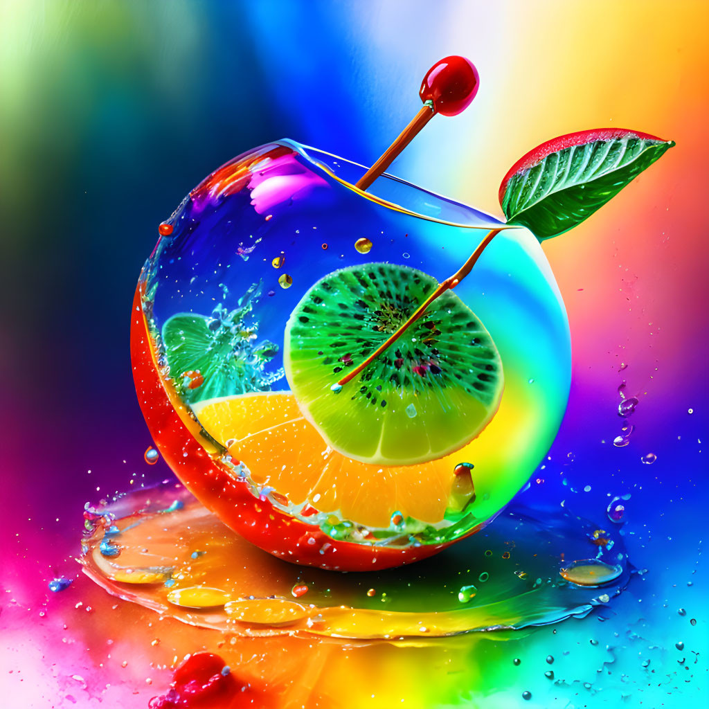 Colorful Glass Apple Artwork with Fruit Slices on Rainbow Background