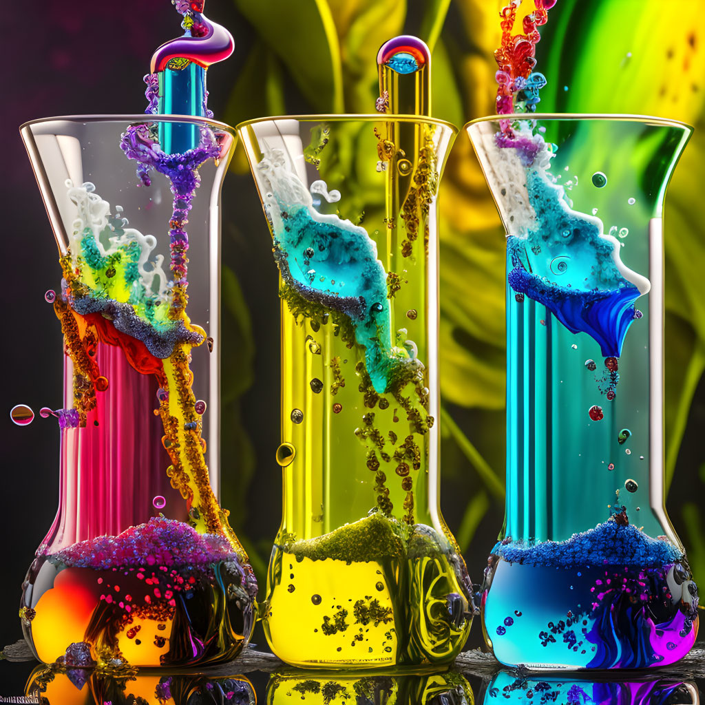 Vibrant bubbling liquids in colorful laboratory flasks