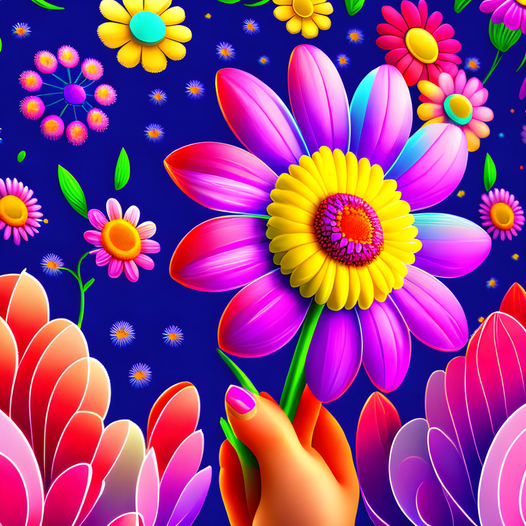 Colorful hand holding large flower amidst stylized blooms on blue background