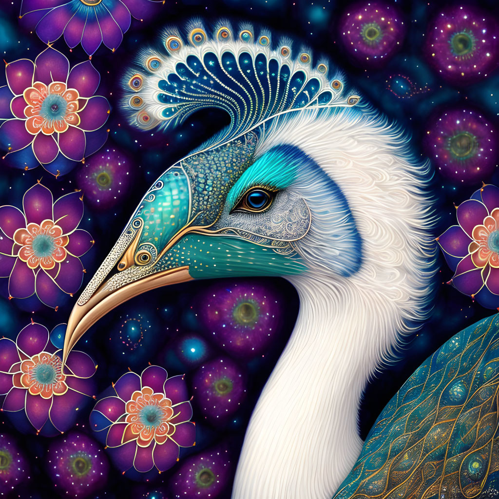 Detailed Peacock Illustration with Cosmic and Floral Motifs