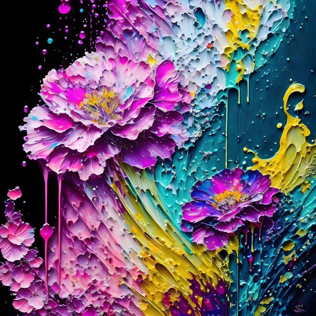 Colorful Abstract Artwork: Dynamic Paint Splashes Forming Vivid Flowers