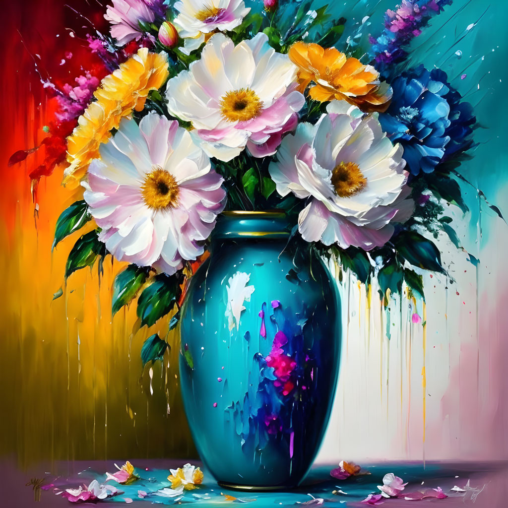 Colorful painting of white flowers in blue vase with vivid streaks.