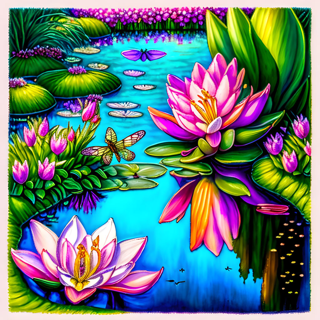 Colorful painting of pink and purple lotus flowers on blue water with dragonflies and lily pads