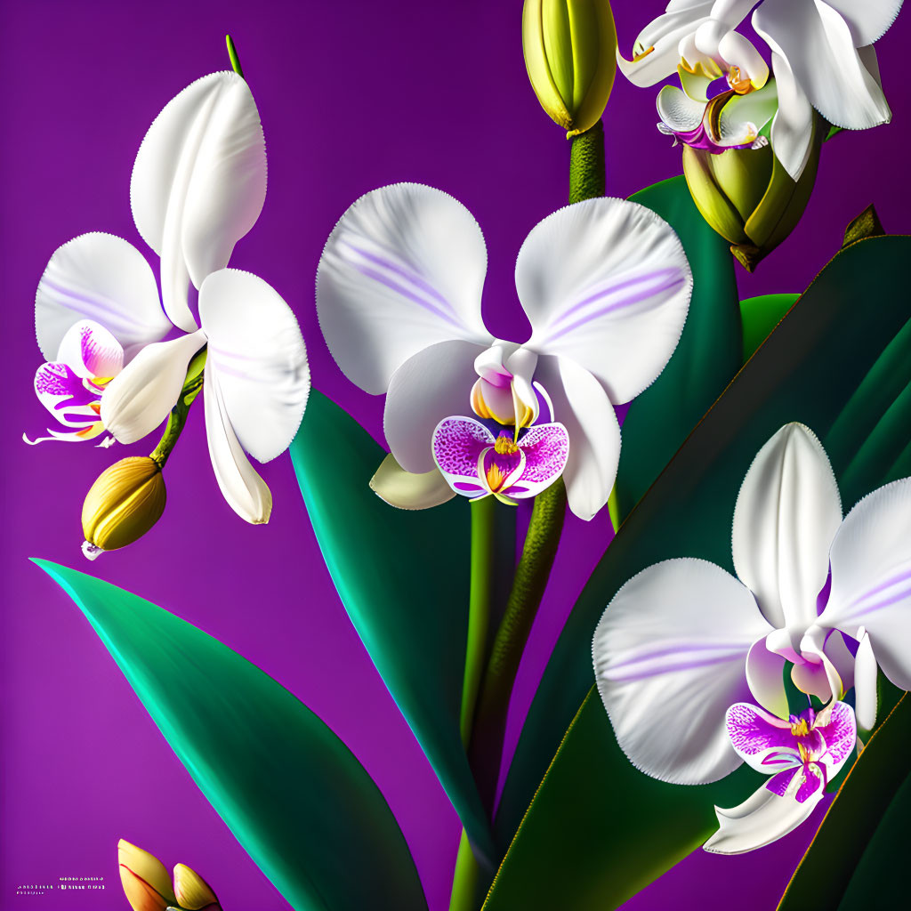 Colorful White and Purple Orchids Illustration on Purple Background