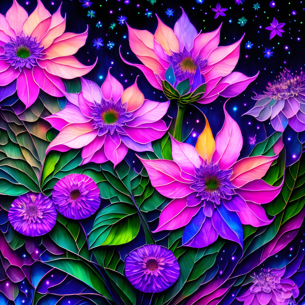 Colorful Floral Illustration on Cosmic Background in Pink and Purple