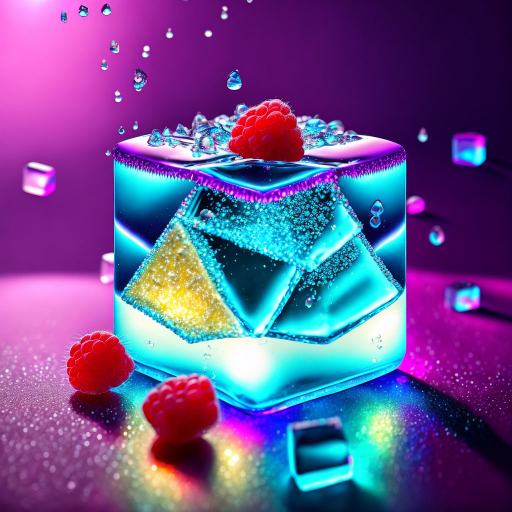 Shiny ice cube with raspberry on vibrant surface