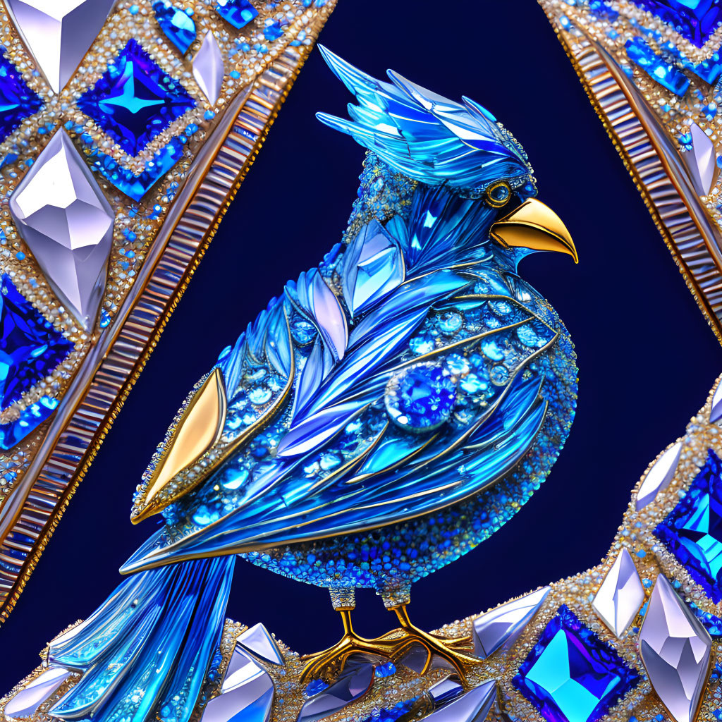 Stylized blue bird with crystals and gems on geometric gold background