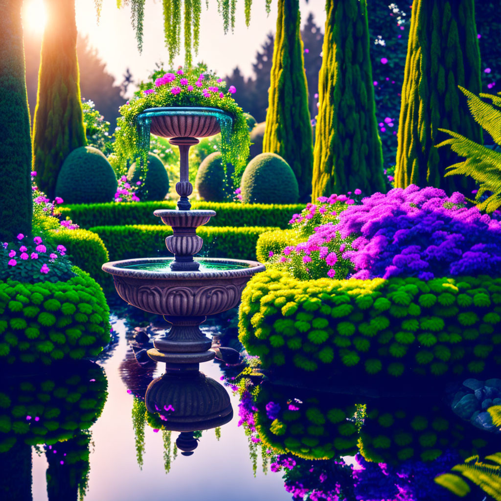 Tranquil garden with purple flowers, green bushes, and classic fountain in golden sunlight