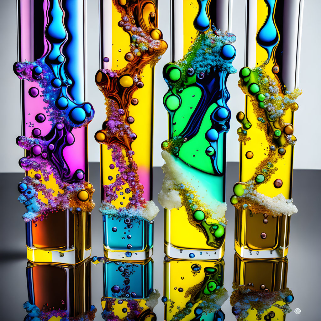 Colorful liquid art: streaks and bubbles on reflective surface