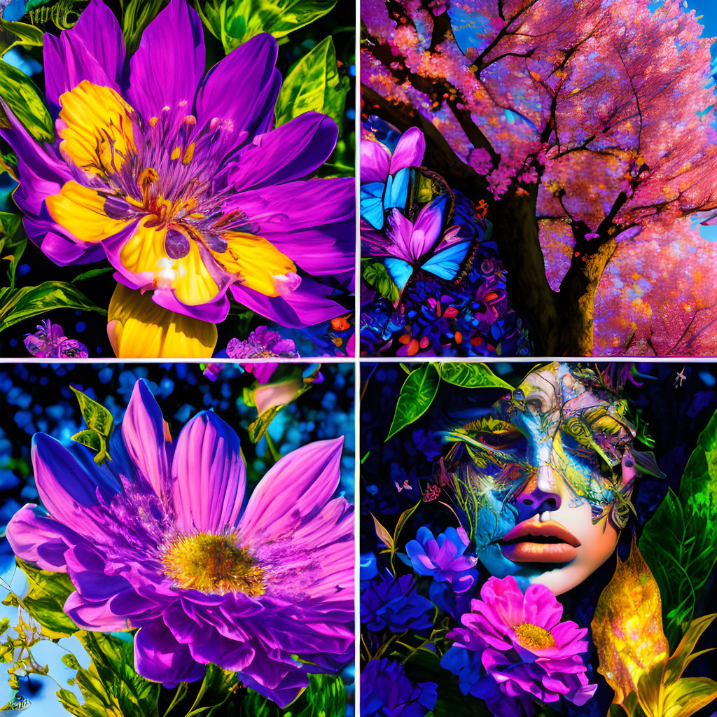 Colorful Collage Featuring Cherry Blossoms and Woman's Face Amid Botanical Motifs