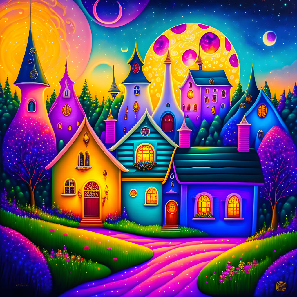 Colorful, whimsical landscape with fairy-tale houses under a starry sky