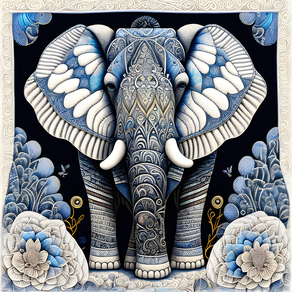 Ornate Elephant with Intricate Patterns and Blue Flowers on Black Background