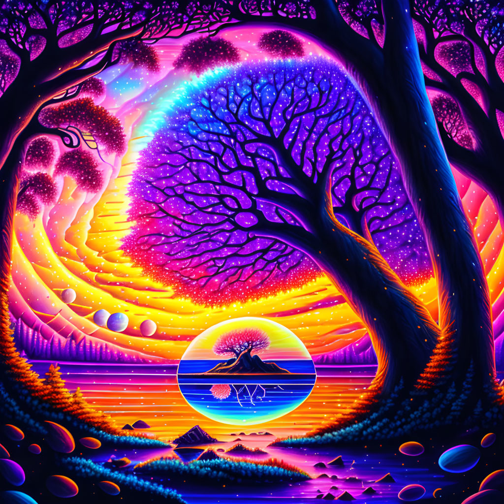 Colorful Psychedelic Tree Artwork with Circular Landscape Scene