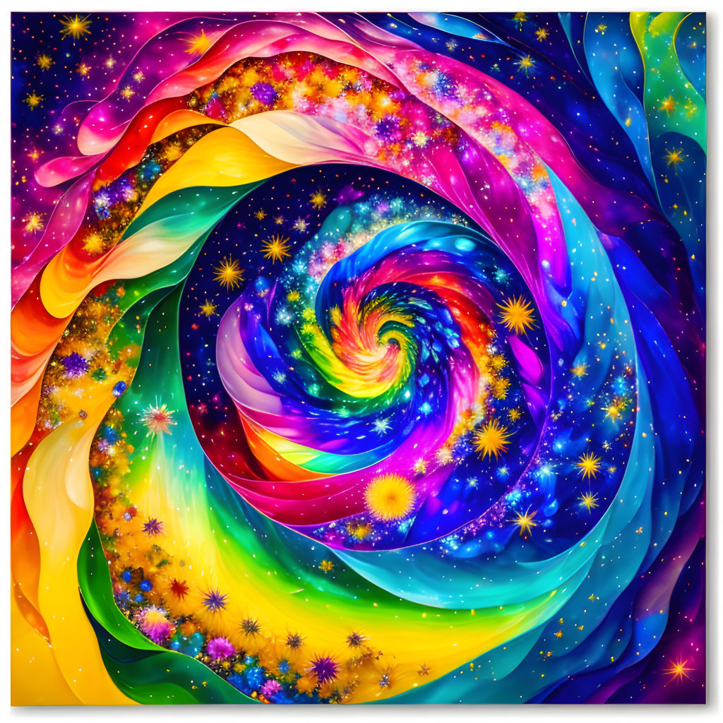 Colorful Swirling Galaxy Art with Space and Psychedelic Elements